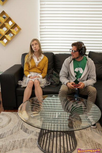 Skinny blonde teen Haley Reed spreads her legs and takes a nerd's cock Image #2