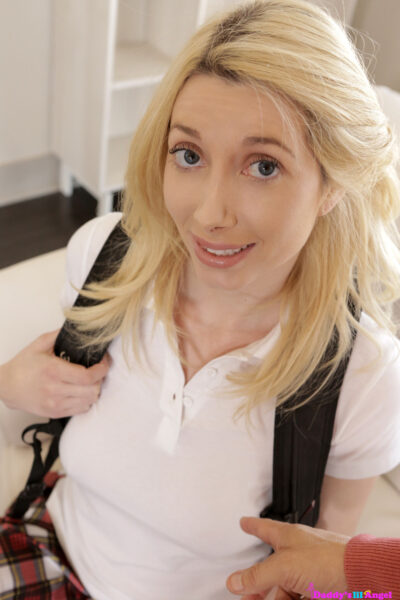 Blonde schoolgirl Gia Love lets stepdad lick tattooed pussy & deposit creampie Image #6