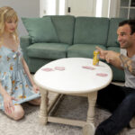 Blonde spinner Mackenzie Moss rides her stepbro's dick after losing at cards