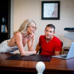 Hot blonde teen Emma Hix models by herself prior to seducing her man