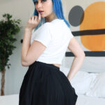 Blue haired babe Jewelz Blu shows her firm tits and takes a dick in her muff