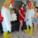 Hot babes get creampied in a kinky foursome with guys in chicken costumes