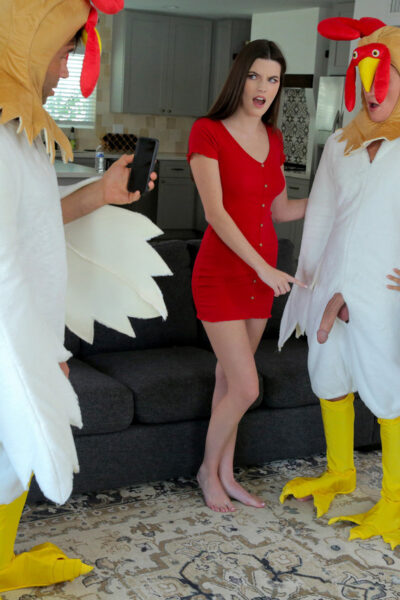 Hot babes get creampied in a kinky foursome with guys in chicken costumes Image #4