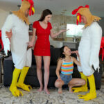 Hot babes get creampied in a kinky foursome with guys in chicken costumes