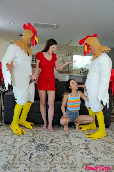 Hot babes get creampied in a kinky foursome with guys in chicken costumes Image #5