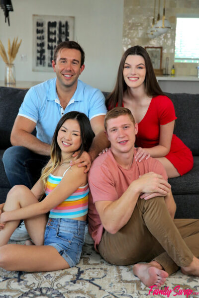 Hot babes get creampied in a kinky foursome with guys in chicken costumes Image #1