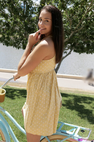 Little Avi Love flashes small boobs & hairy pussy outdoors & gets a big dick Image #2